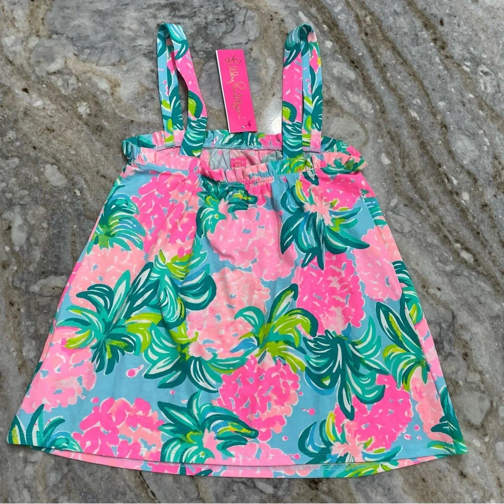 NEW Lilly Pulitzer Jia Tank Top Sz Pineapple Shake Blue Ibiza Floral Ruffle - Picture 2 of 11